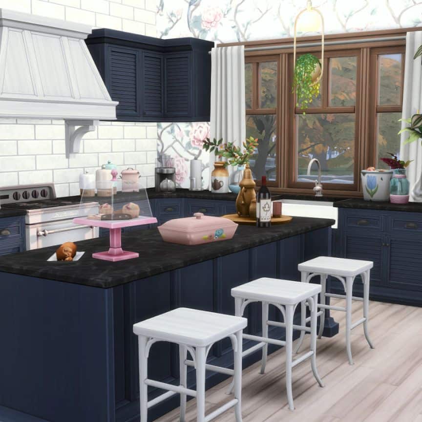 navy blue kitchen cabinets and white backsplash