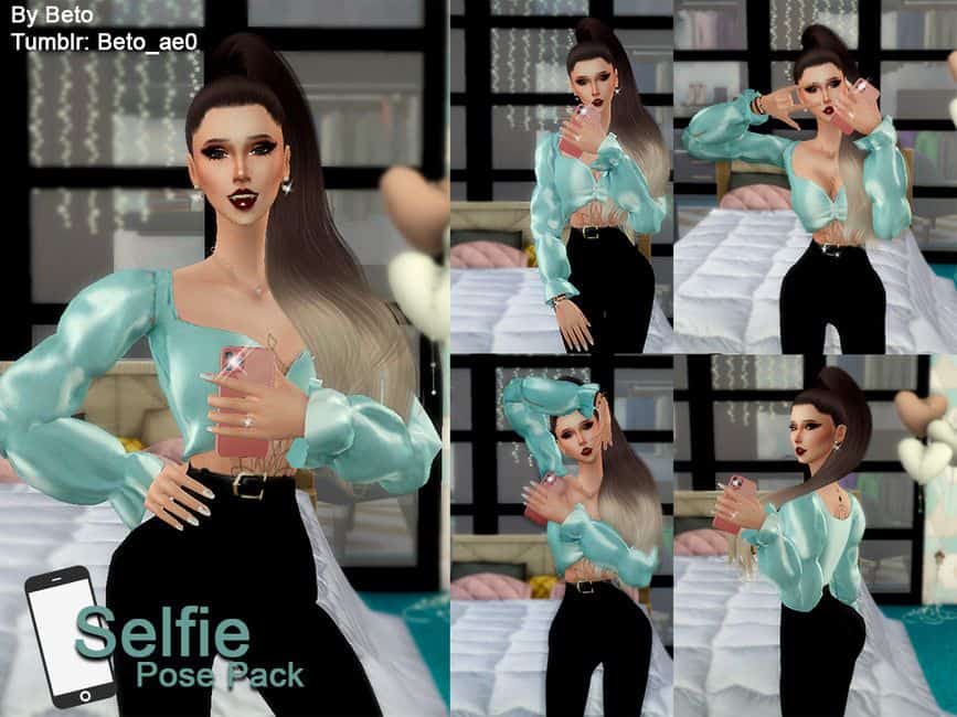 collage sim woman with blue top taking selfies