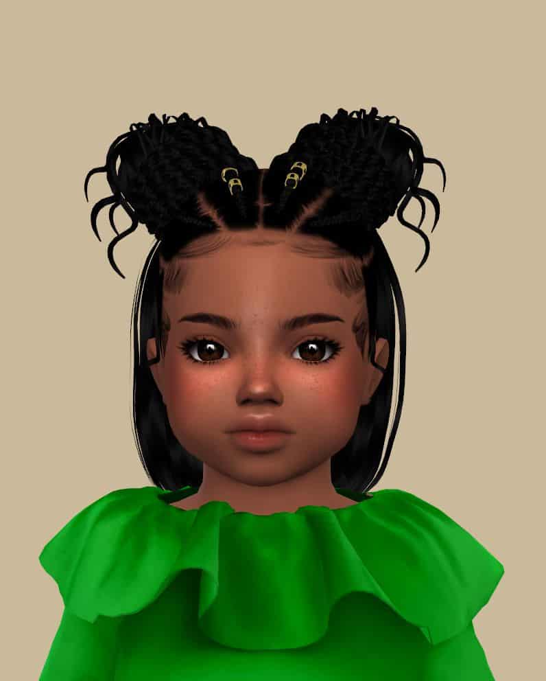 cute sim toddler in green dress and hair buns