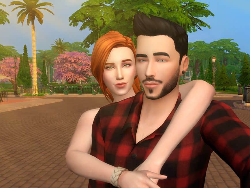 sim couple taking embracing selfie