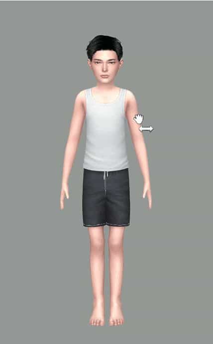 front view sim kid in shorts and tank top