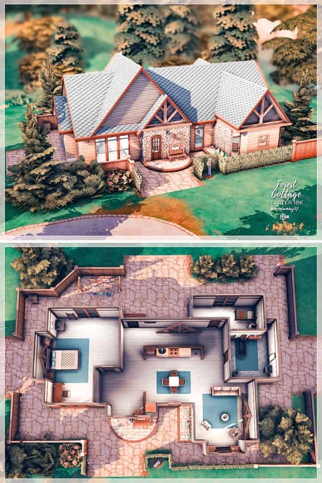 aerial shot of cottage with floorplan