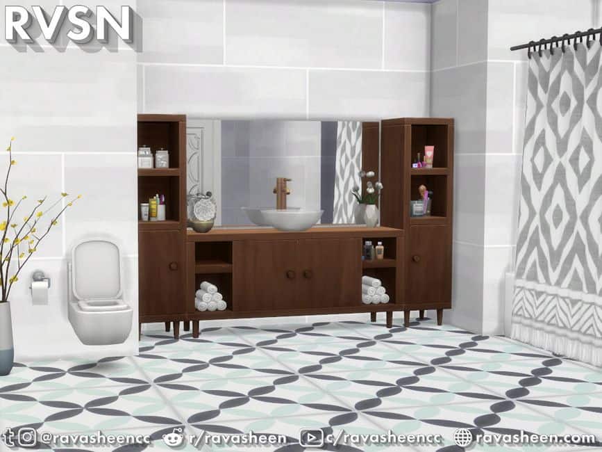 mosaic tiled bathroom with brown vanity