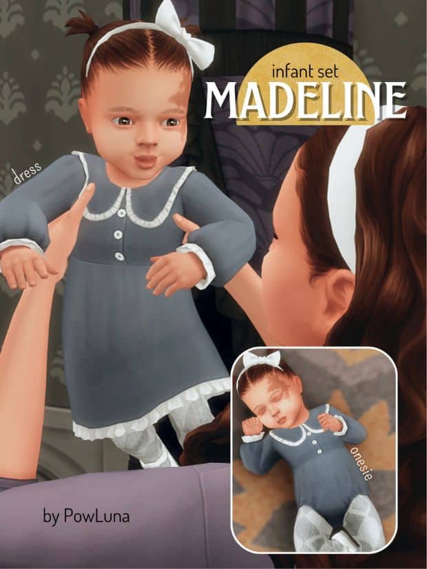 sim holding up a infant sim wearing a dress and white bow