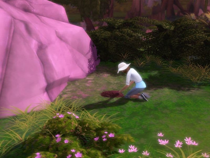 sim woman digging in dirt patch