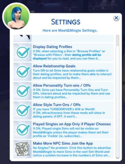 list of settings of dating app