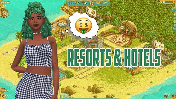 green-haired sims next to view of resort