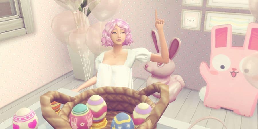 pink haired sim around easter decorations