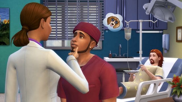 sims hospital room with patient and doctor