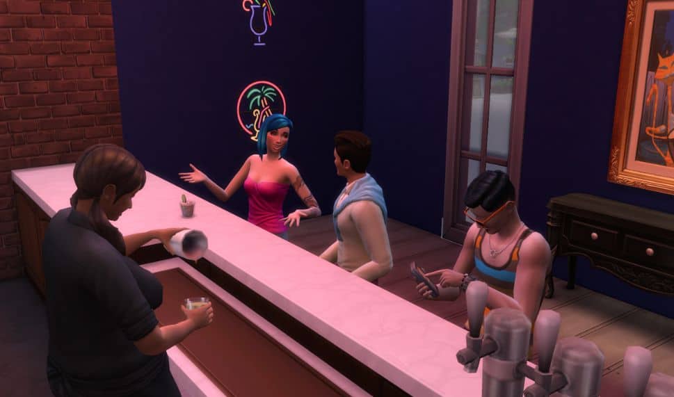 sims chatting at the bar