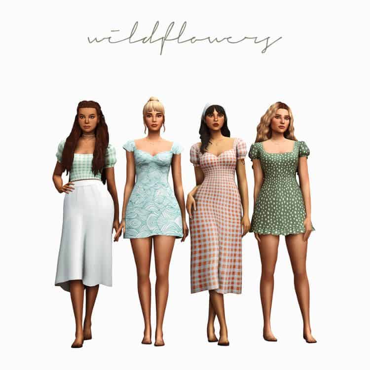 four female sims wearing different lenght dresses