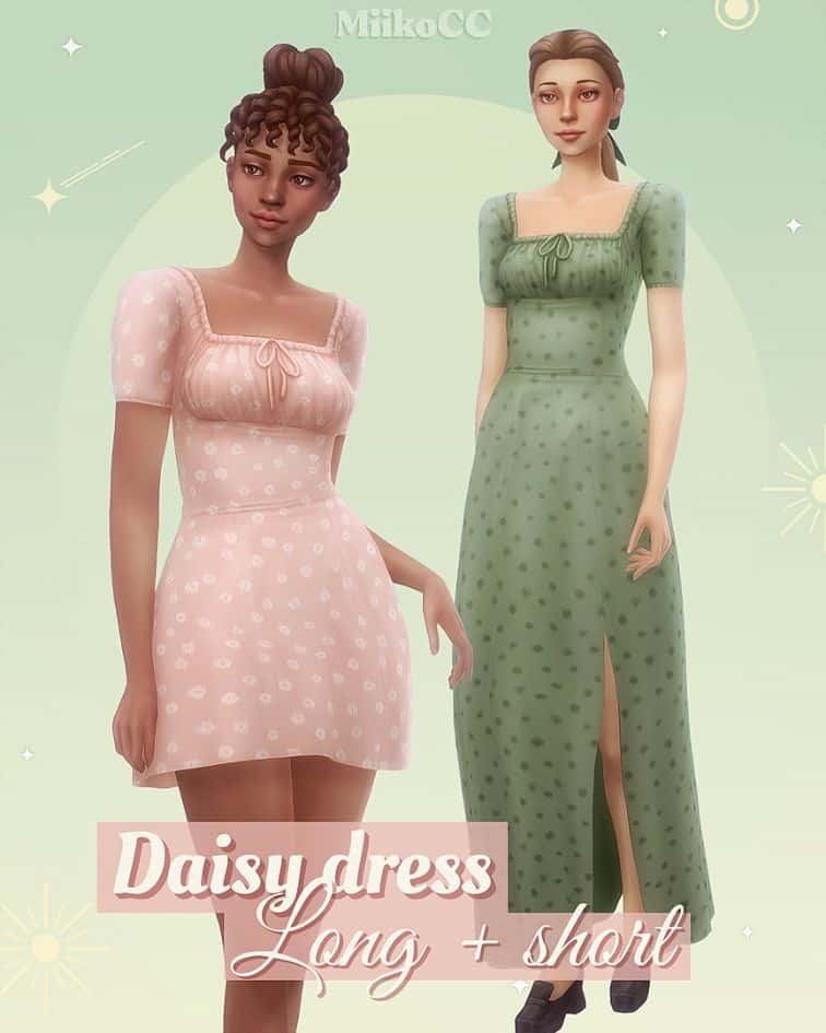 two female sims modeling two casual dresses