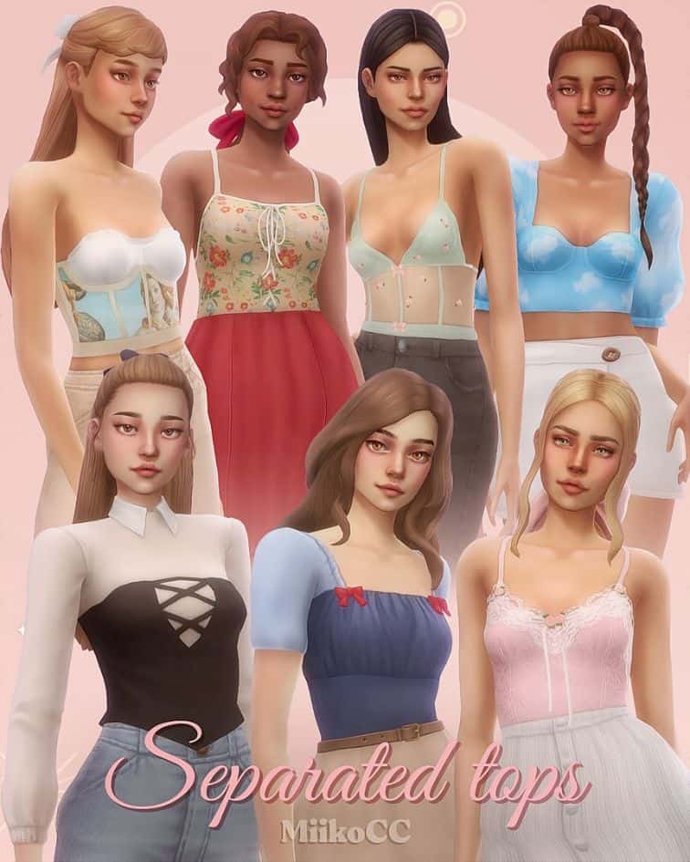 collage of sims modeling different tops