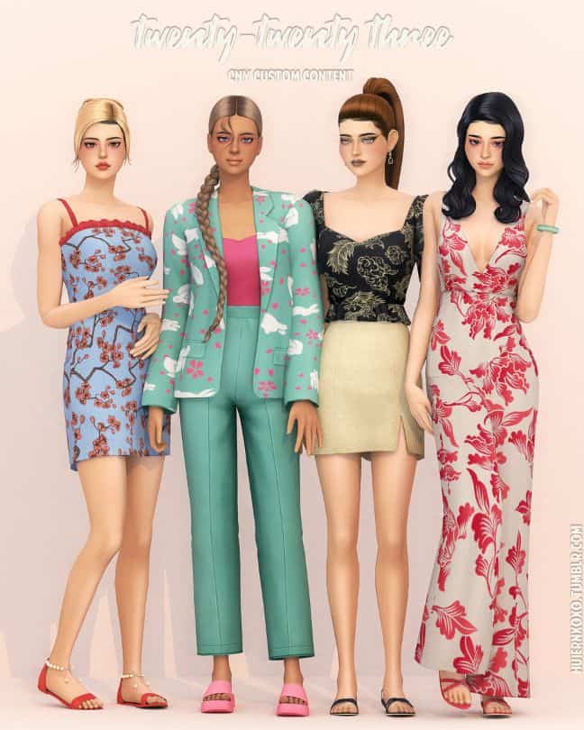 four female sims dresses in clothes with interesting patterns