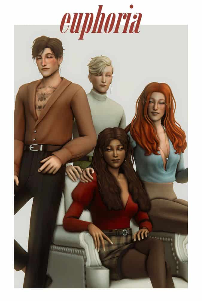 group of sims posing in casual-dressy clothing