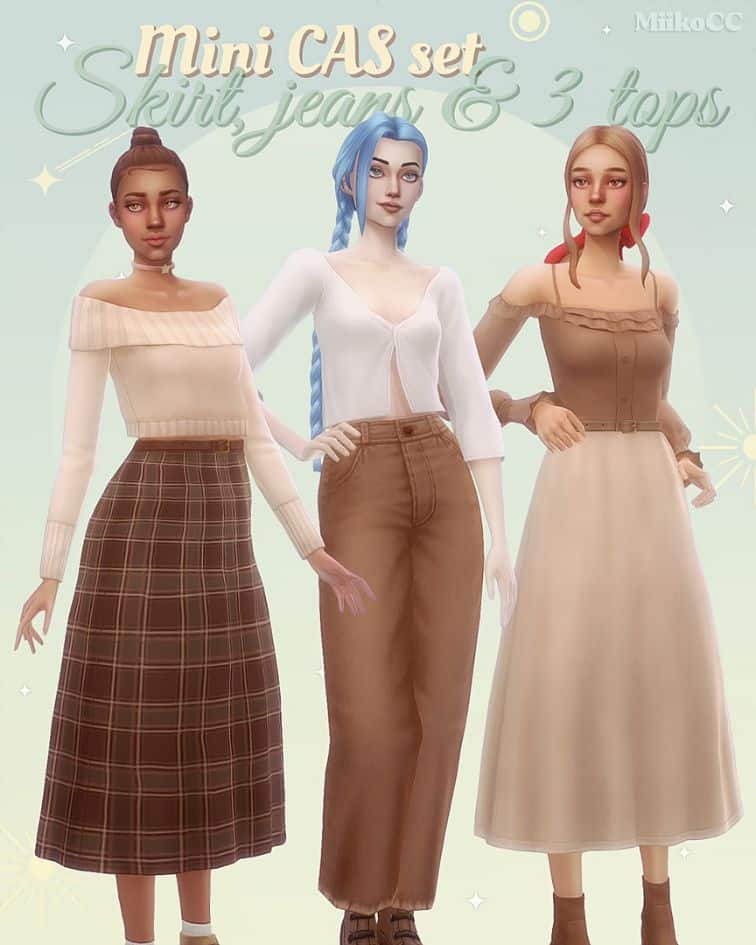 female sims posing in earth tone clothing