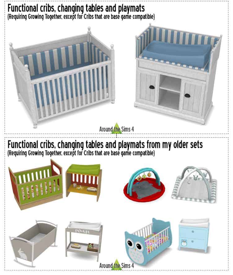 collection of infant cribs, changing tables and playmats