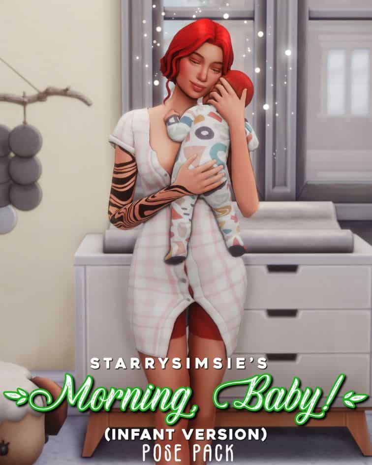 female sim holding her infant close during the morning