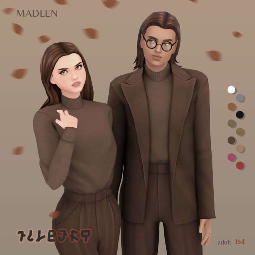 sim couple wearing brown office clothing