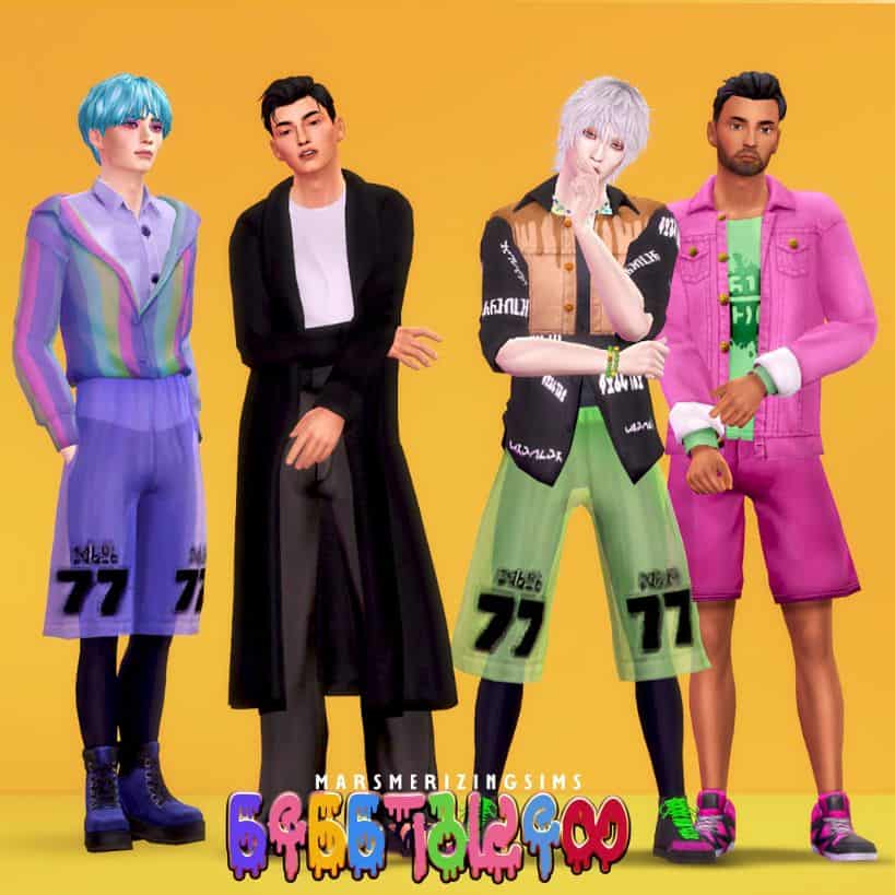 4 male sims dressed in dark and colorful clothes