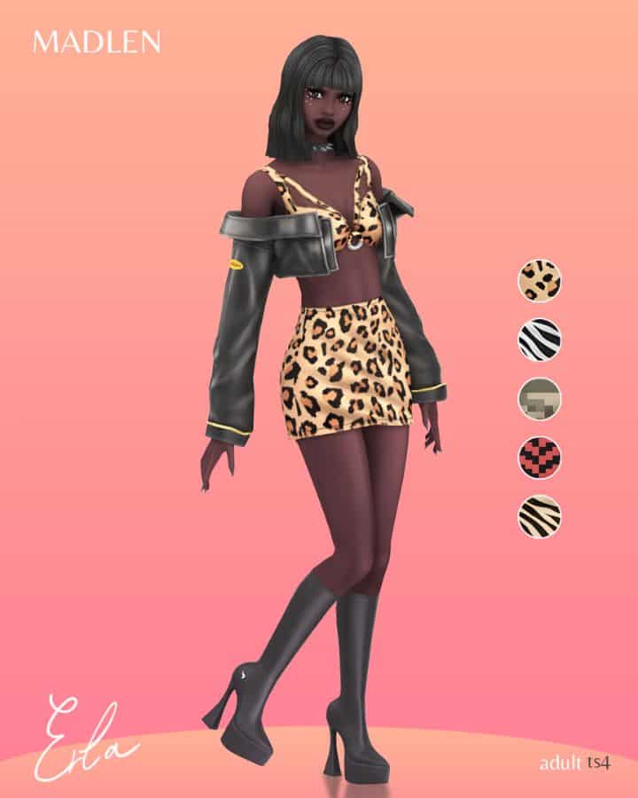 female sim in leopard and leather outfit