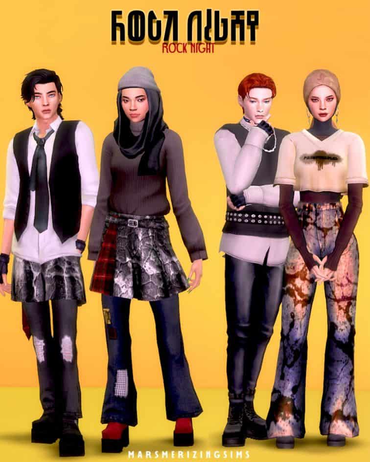 4 sims modeling different rock-style outfits