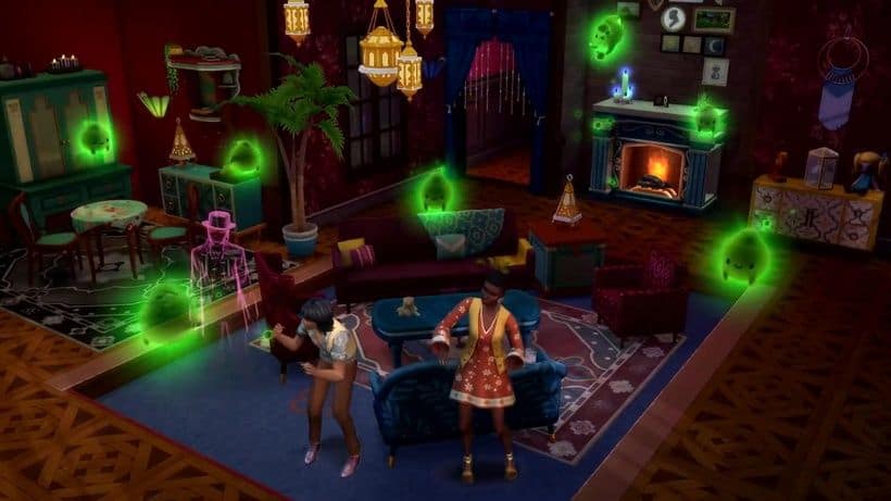 sims in dark room with ghosts