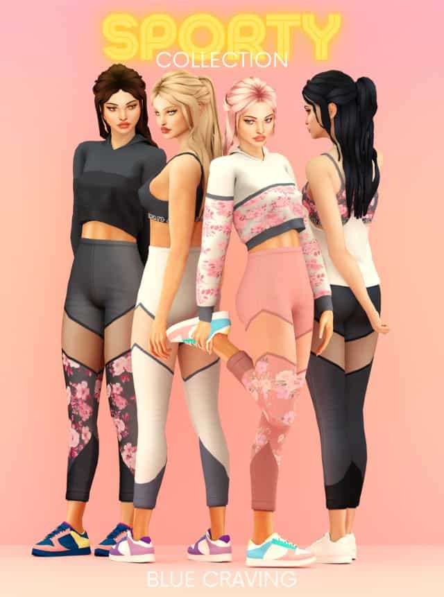 four female sims posing in casual sport cc clothing