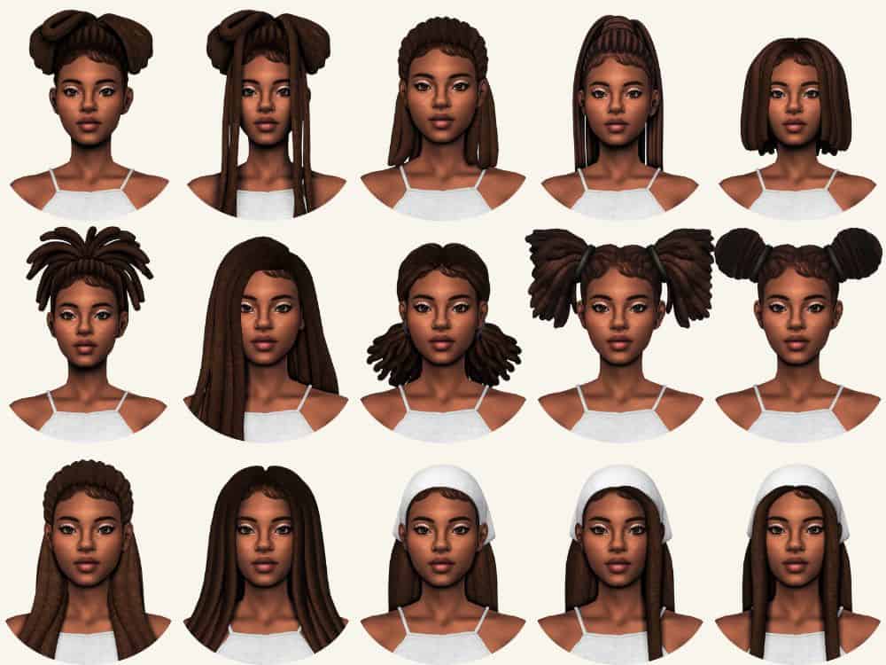 collage of 15 female sims with different hairstyles