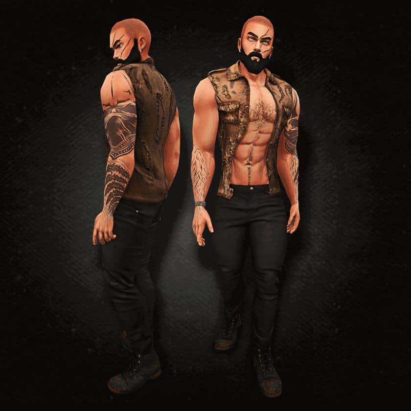 male sims wearing a ripped werewolf jacket