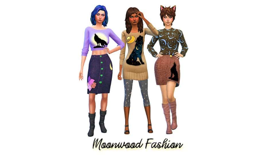 trio of female sims wearing outfits with werewolf designs