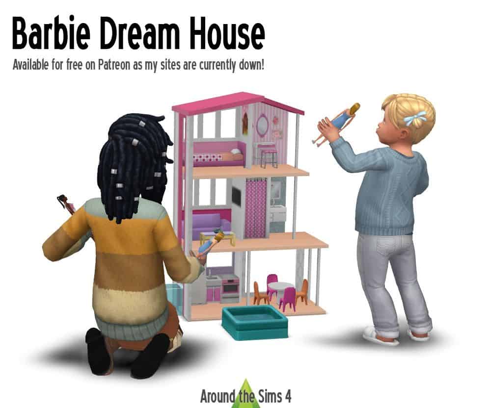 kid sims playing with Barbie dream house