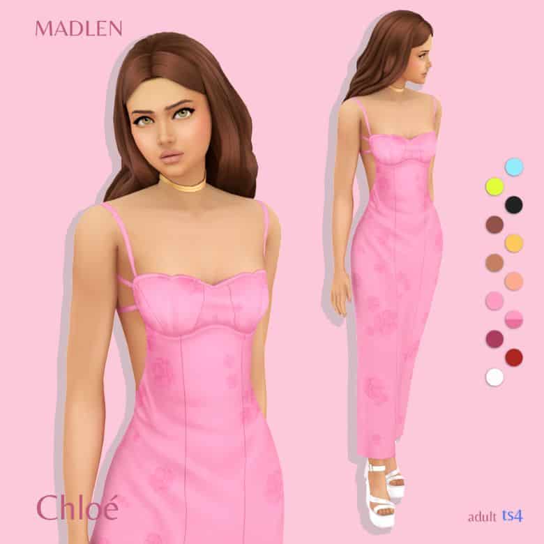 sim wearing long pink dress with spaghetti straps