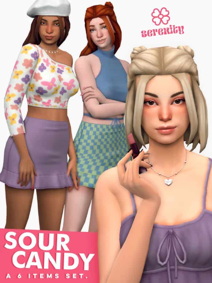 trio of female sims wearing Y2K fashion clothing