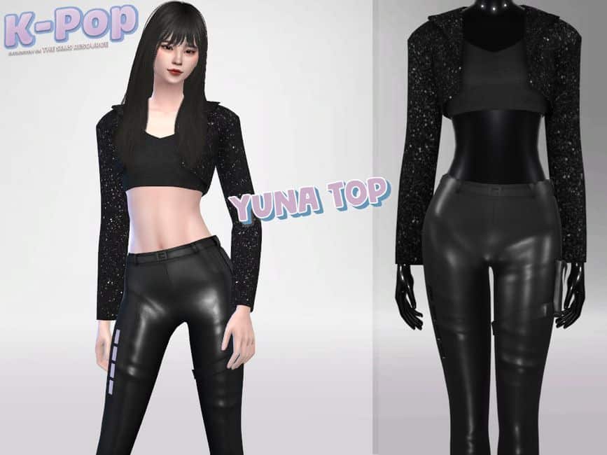 female sim in full black Kpop-inspired outfit