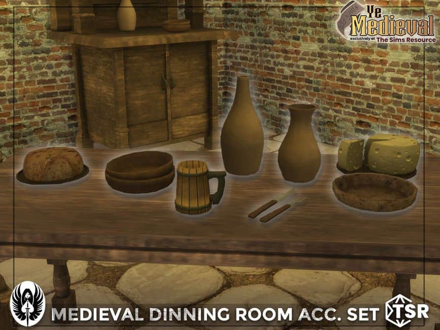 medieval table with food and drink accessories