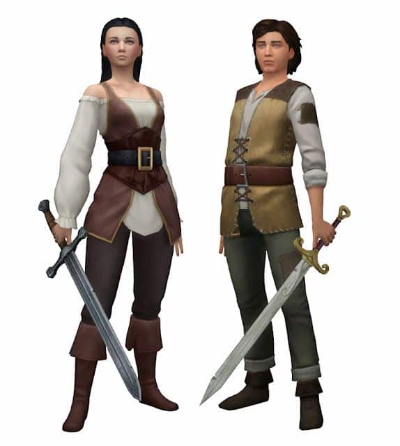 male and female sims holding swords