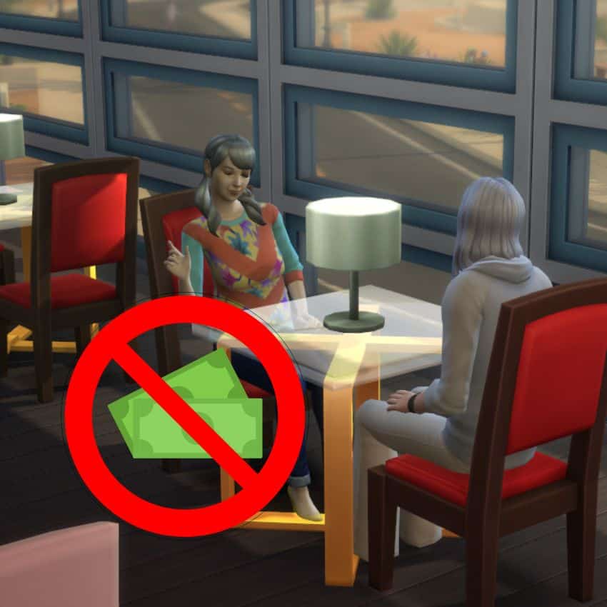 two sims at a table with forbidden money sign