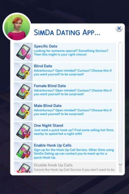 sims dating app menu