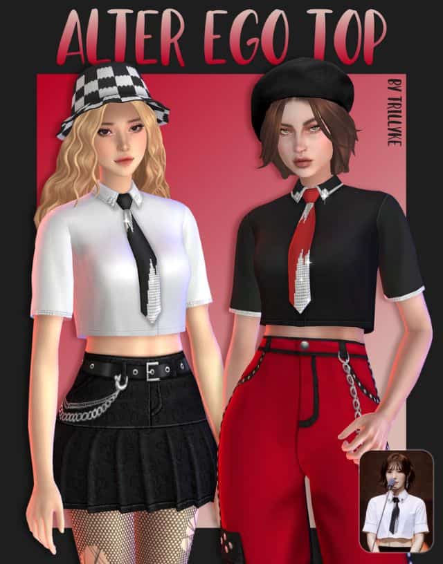 two female sims modeling Kpop tops and skirts