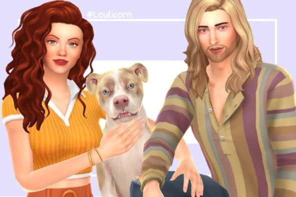 sim couple posing with dog