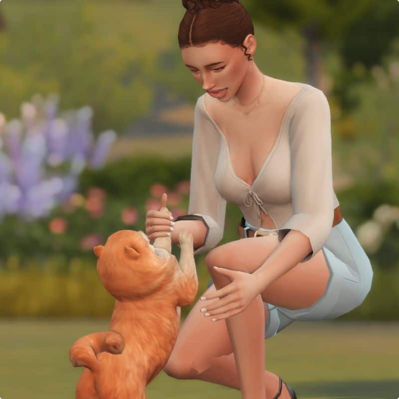 sim woman about to pick up dog