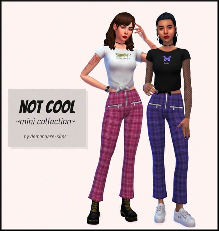 female sims sporting plaid pants and t-shirts
