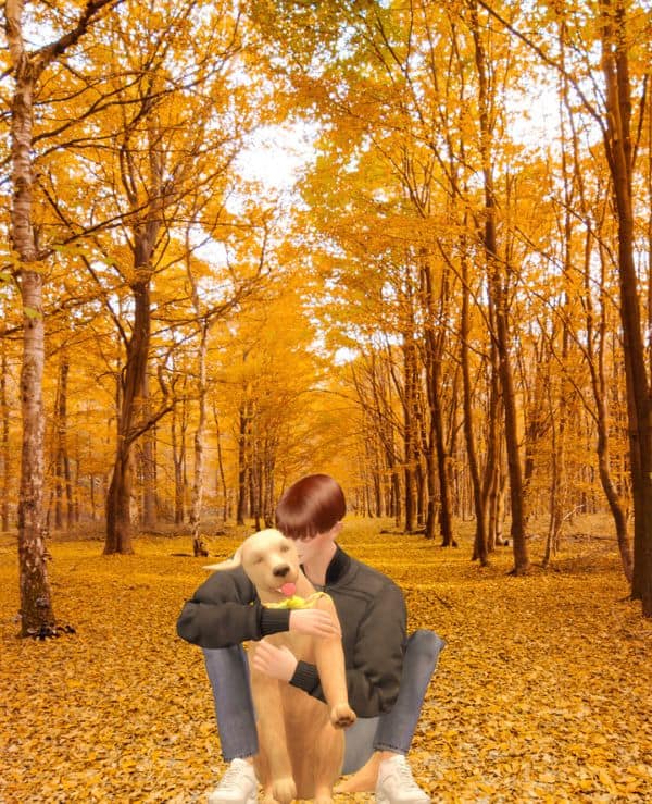 sim and dog embracing in fall weather