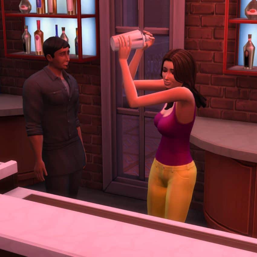 sims making a drink next to bartender