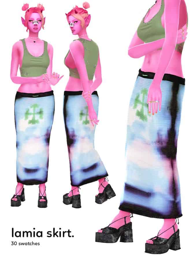 long Y2K skirt on a pink sim