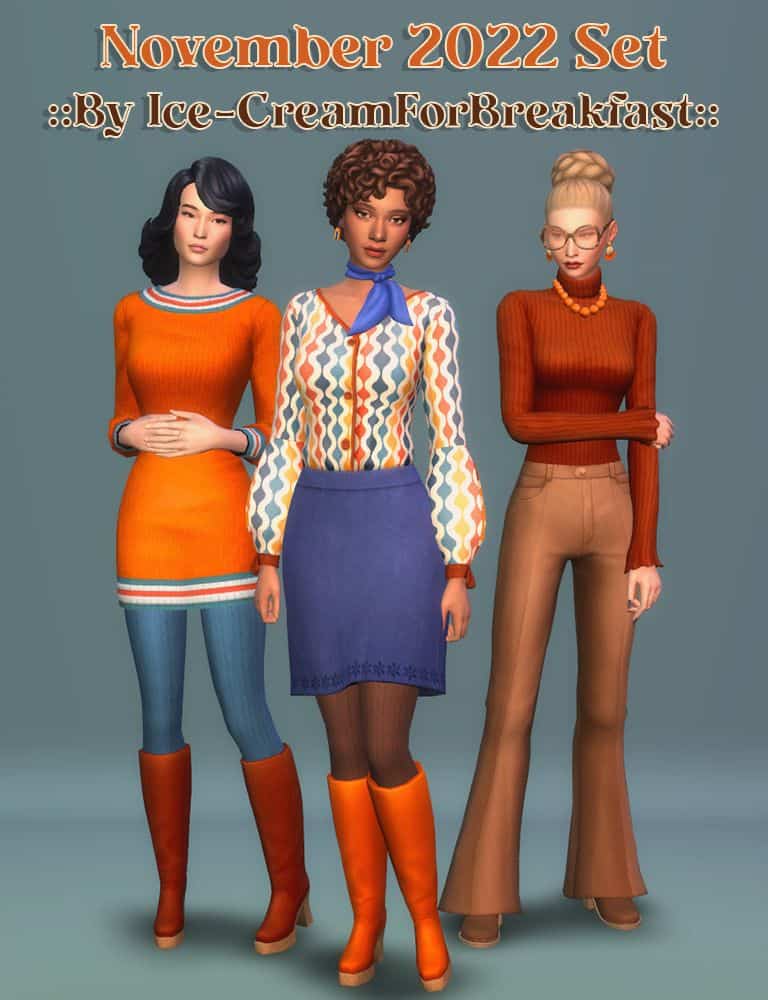 trio of female sims wearing 70s clothing