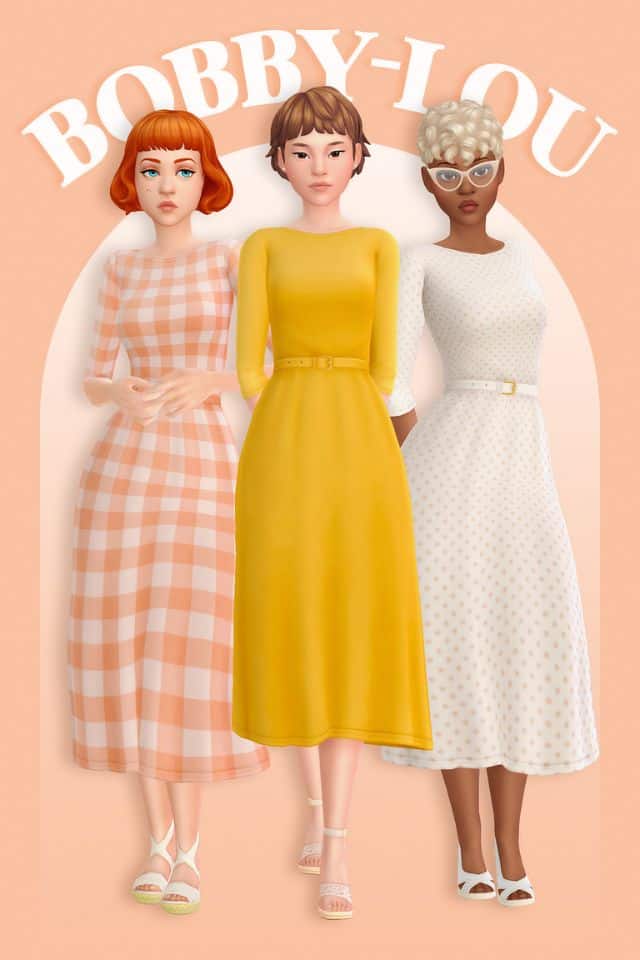 trio of female sims wearing calf lenght dresses