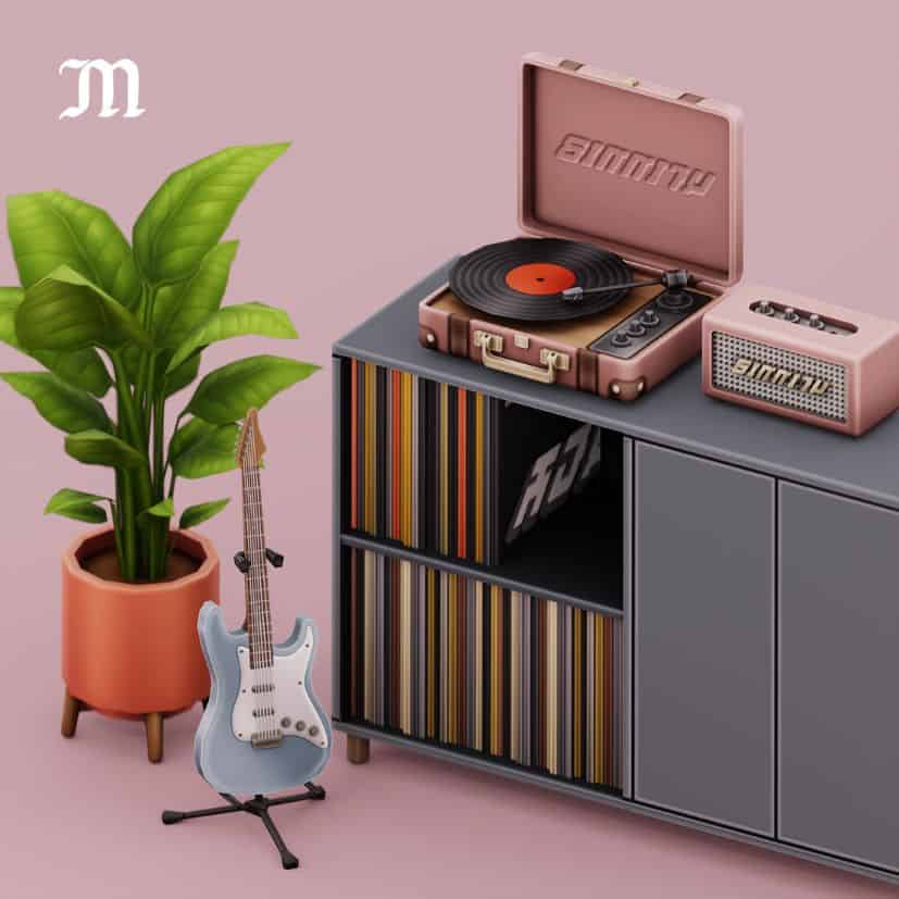 guitar, vinyls and record player