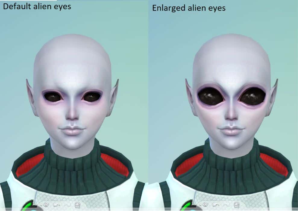 two alien sims with large and larger alien eyes